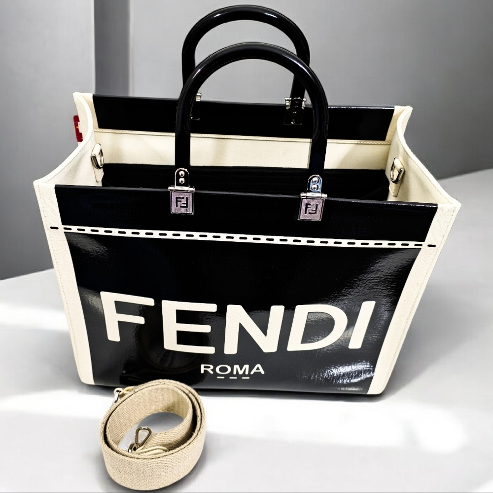 Fendi Medium Sunshine Shopper Black Patent Leather Canvas Trim Tote Shoulder Bag - Picture 5 of 14